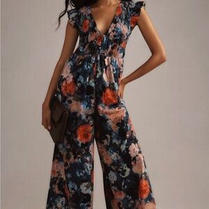 Anthropologie Floral Jumpsuit in Black and Orange